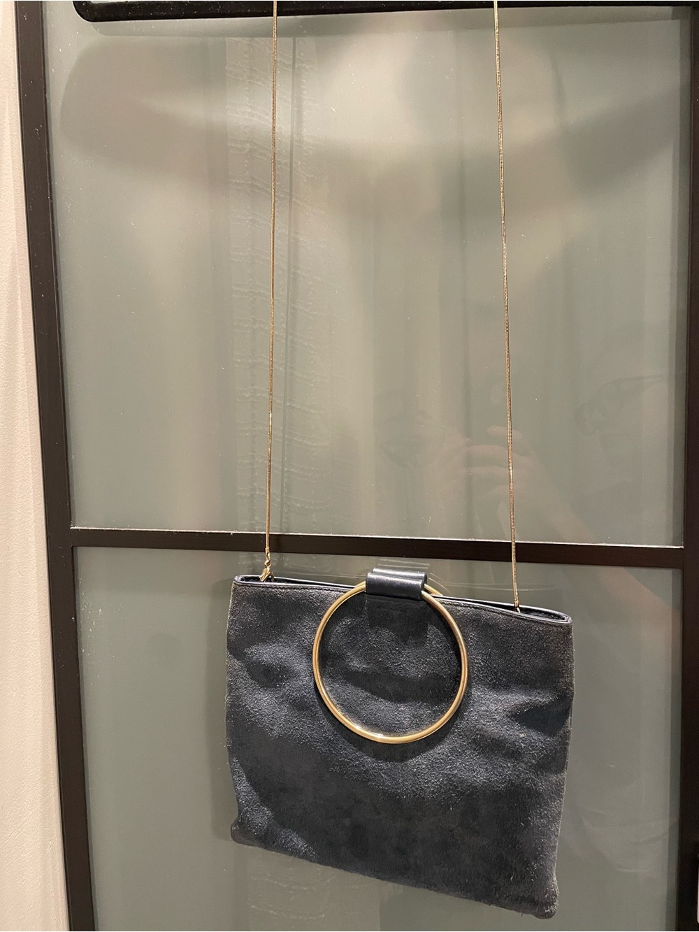 Smokey Blue Suede Crossbody Bag with Gold Ring handle Accent